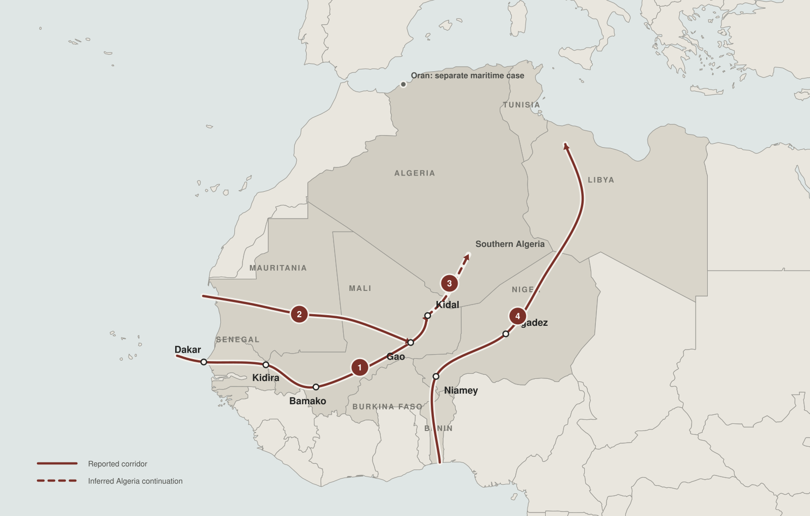 Map of four cocaine corridors from Atlantic and Gulf of Guinea entry points through Mauritania, Mali and Niger toward southern Algeria and Libya. The Algeria continuation uses a dashed line. Oran appears as a separate grey point.